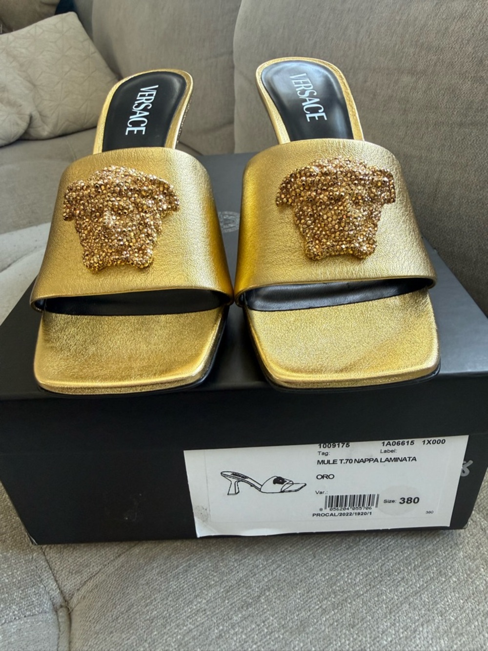 New Versace Gold Crystal Medusa Sandal Kitten Heels 38 full set